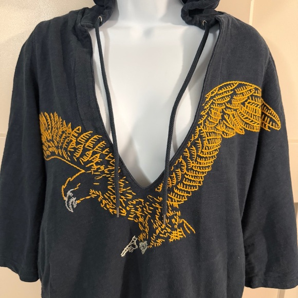 Lucky Brand Black Embroidered Eagle Hoodie Size Small Deep V Pullover Active - Picture 2 of 12